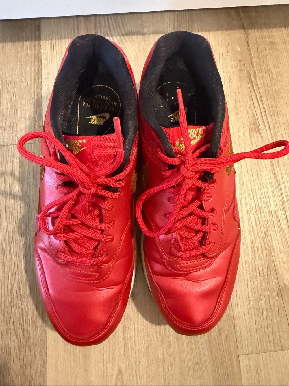 Nike Air Max 1 Gold Sequin Red Sneakers with Gold Swoosh women’s Size 6.5
